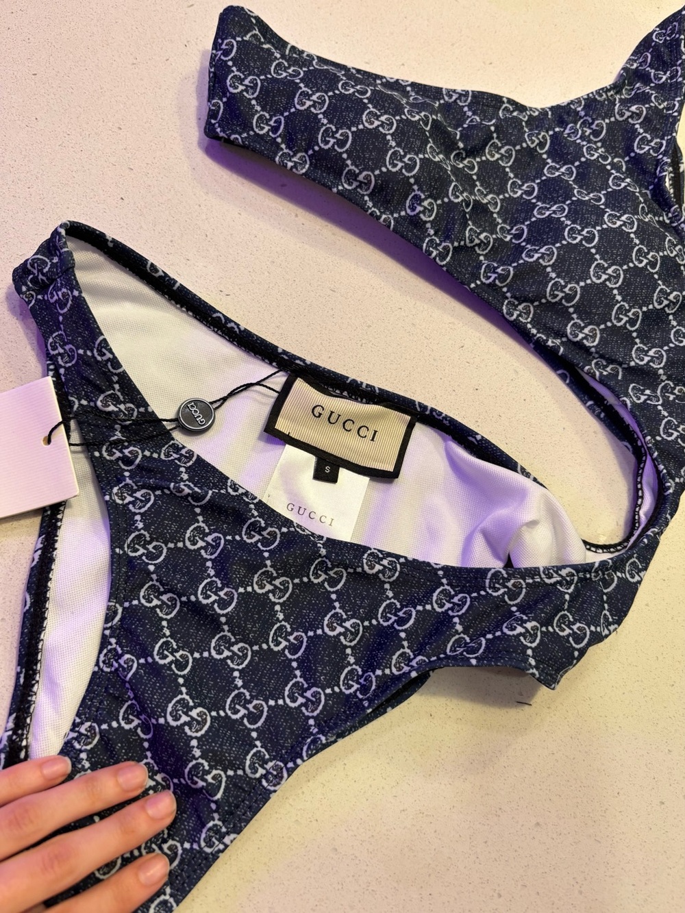 Gucci Navy and White One-Shoulder Logo Bikini - Picture 5 of 6